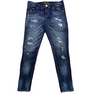 Express Jeans Womens 2 Blue Stretch Denim Mid Rise Tapered Legging Distressed